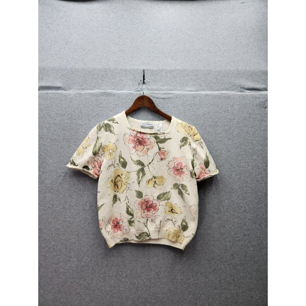 Alfred Dunner Petite Floral Knit Sweater PL Cream Short Sleeve Beaded 55% Ramie‎